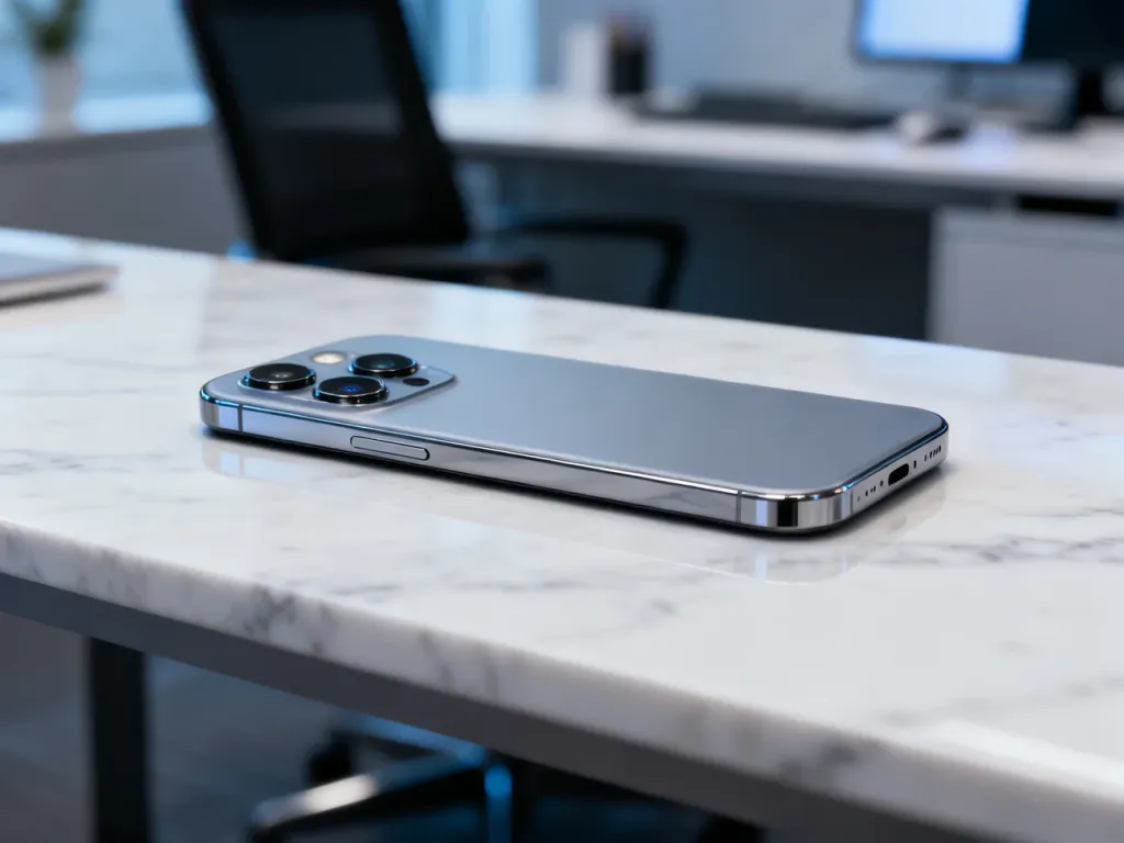 Nowoczesny smartfon klasy premium z zaawansowanym modułem aparatu, spoczywający na minimalistycznym marmurowym biurku.