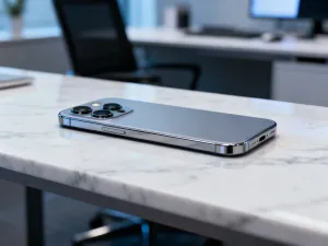 Nowoczesny smartfon z widoczną funkcją Dynamic Island na ekranie, wyświetlający powiadomienia o muzyce i stoperze.