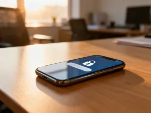 Nowoczesny smartfon leżący na drewnianej ładowarce indukcyjnej w przytulnym domowym biurze.