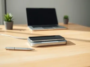Bezprzewodowe słuchawki obok smartfona z ikoną Bluetooth na ekranie, gotowe do parowania urządzeń.