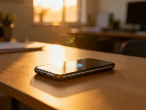 Smartfon leżący na biurku z wyświetloną ikoną stanu baterii, symbolizującą sprawdzanie kondycji akumulatora.