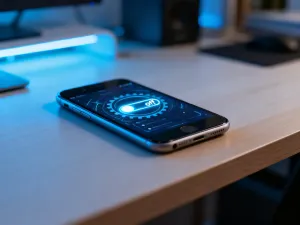 Nowoczesny iPhone leżący na drewnianym biurku w przytulnym domowym biurze, symbolizujący tryb wyciszenia powiadomień.