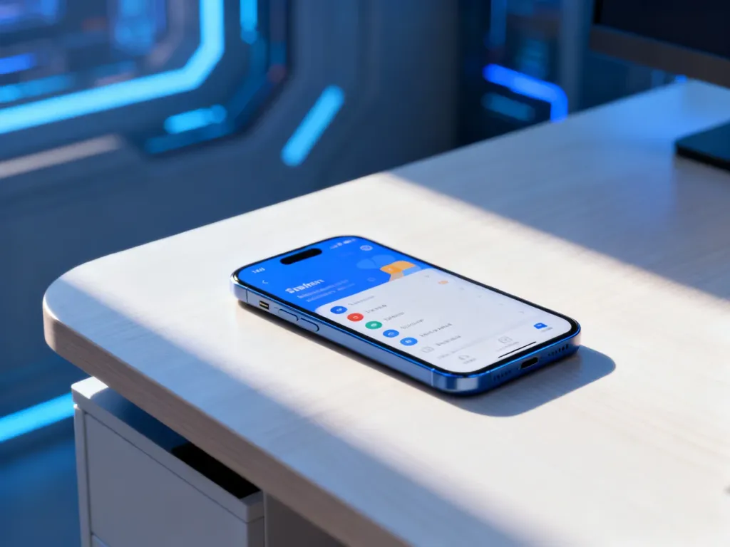 Nowoczesny smartfon z przejrzystym interfejsem One UI leżący na minimalistycznym drewnianym biurku.