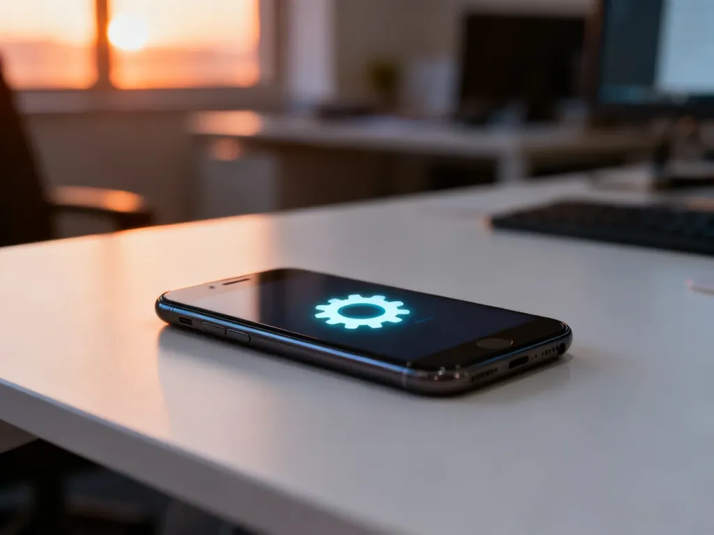 Nowoczesny smartfon z widoczną ikoną ustawień na ekranie, leżący na biurku w profesjonalnym biurowym wnętrzu.