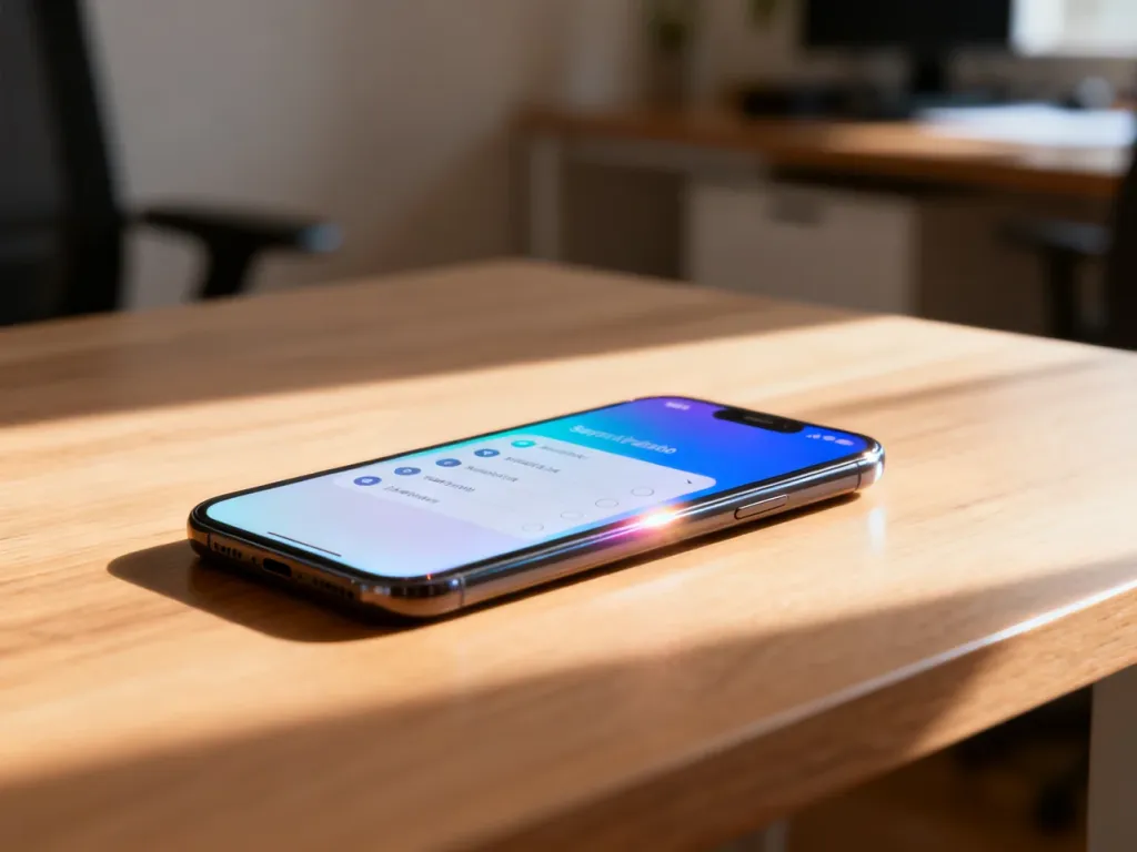 Nowoczesny smartfon z otwartym menu ustawień leżący na drewnianym biurku w słonecznym świetle.