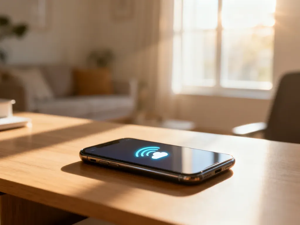 Nowoczesny smartfon z ikoną WiFi Calling na ekranie, leżący na drewnianym biurku w słonecznym świetle.