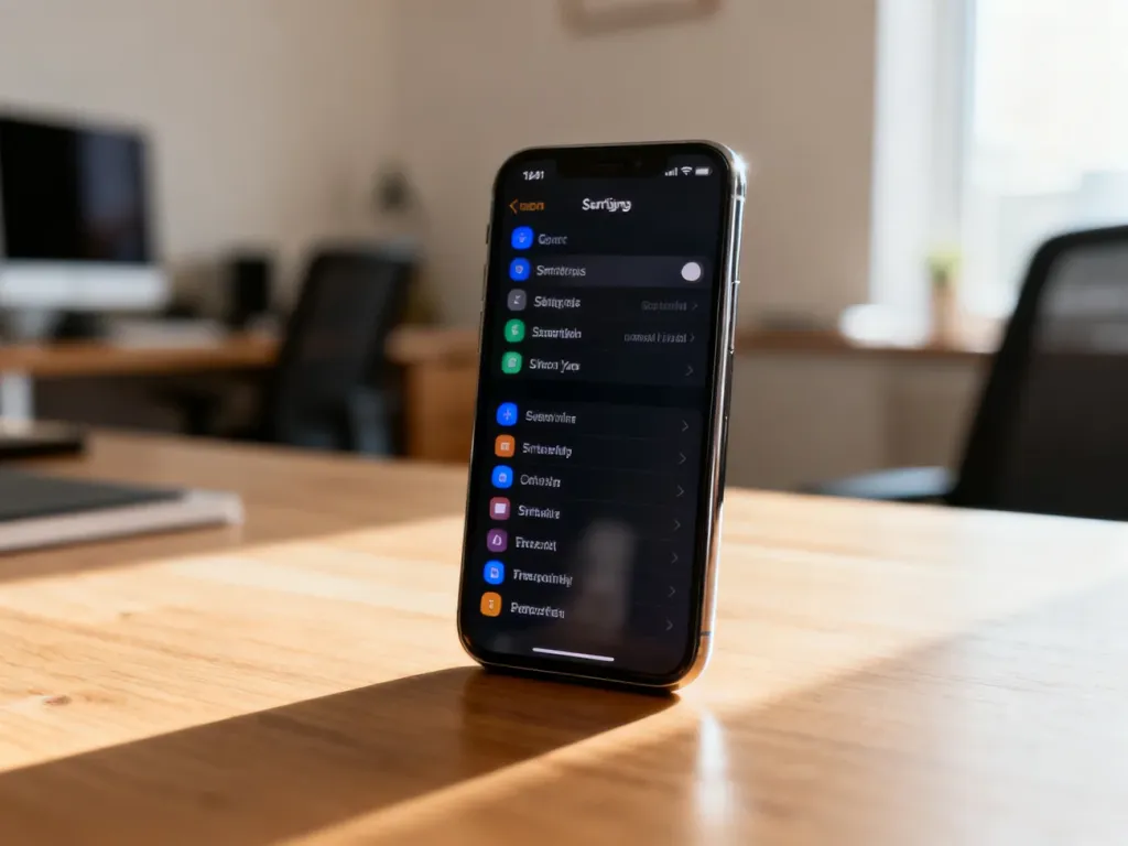 iPhone leżący na drewnianym biurku z otwartym menu ustawień, ilustrujący proces zarządzania czasem przed ekranem.
