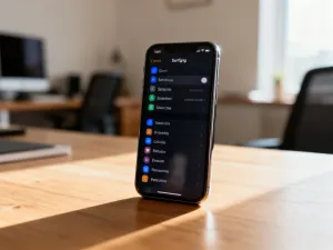 Nowoczesny ekran smartfona z futurystycznym interfejsem, symbolizujący zaawansowane zmiany w nowej aktualizacji systemu iOS.
