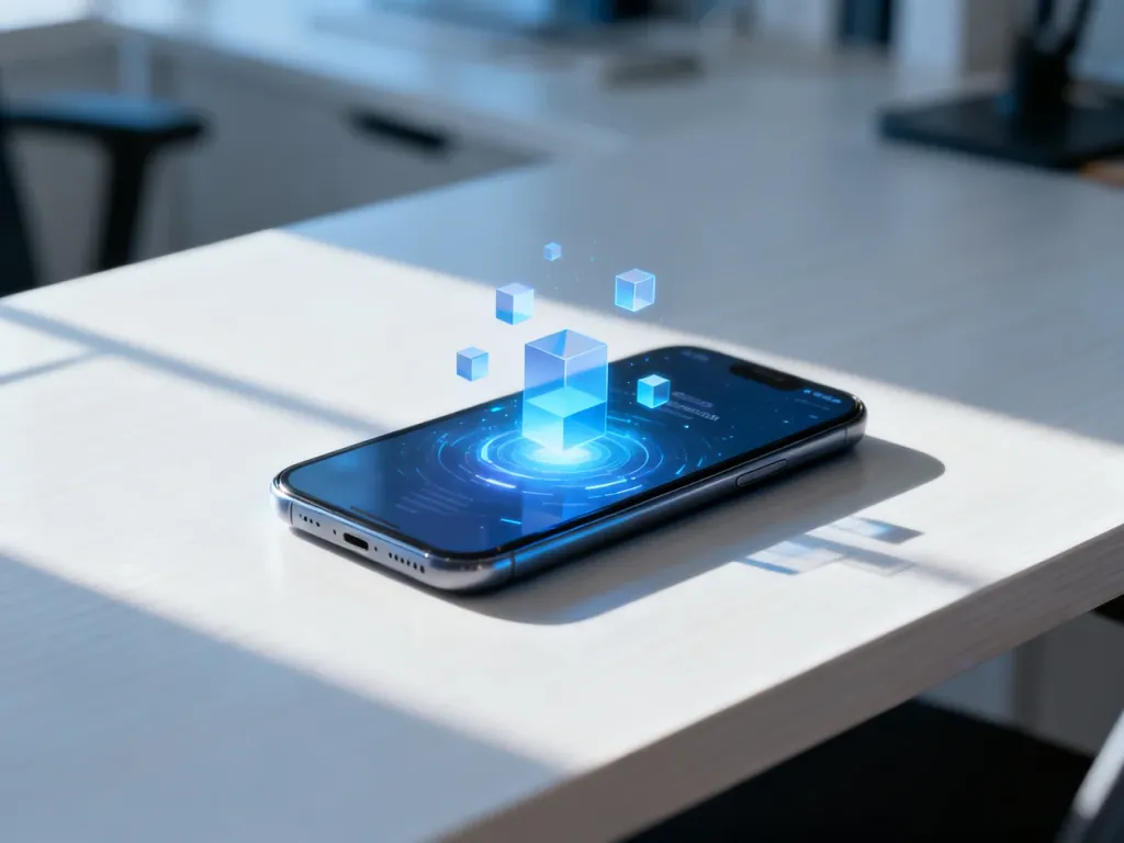 Nowoczesny smartfon na biurku z wyświetlonym abstrakcyjnym interfejsem symbolizującym aktualizację oprogramowania.