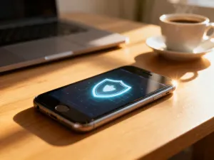 Nowoczesny smartfon z przejrzystą listą zadań na ekranie, leżący na biurku w domowym biurze.
