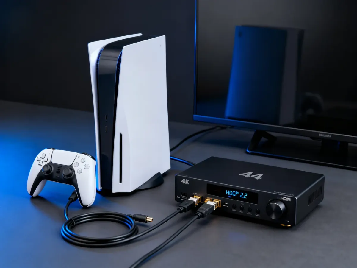 Konsola, telewizor 4K i urządzenia AV połączone przewodami HDMI