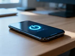 Nowoczesny smartfon z wyświetlonym małym oknem wideo w trybie obraz w obrazie na tle przytulnego salonu.