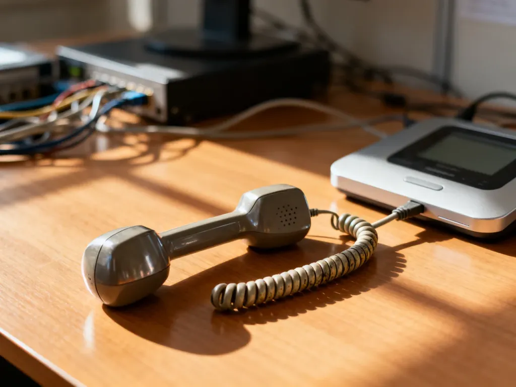 Słuchawka telefonu stacjonarnego podłączona do nowoczesnego urządzenia, symbolizująca ewolucję technologii komunikacyjnej.