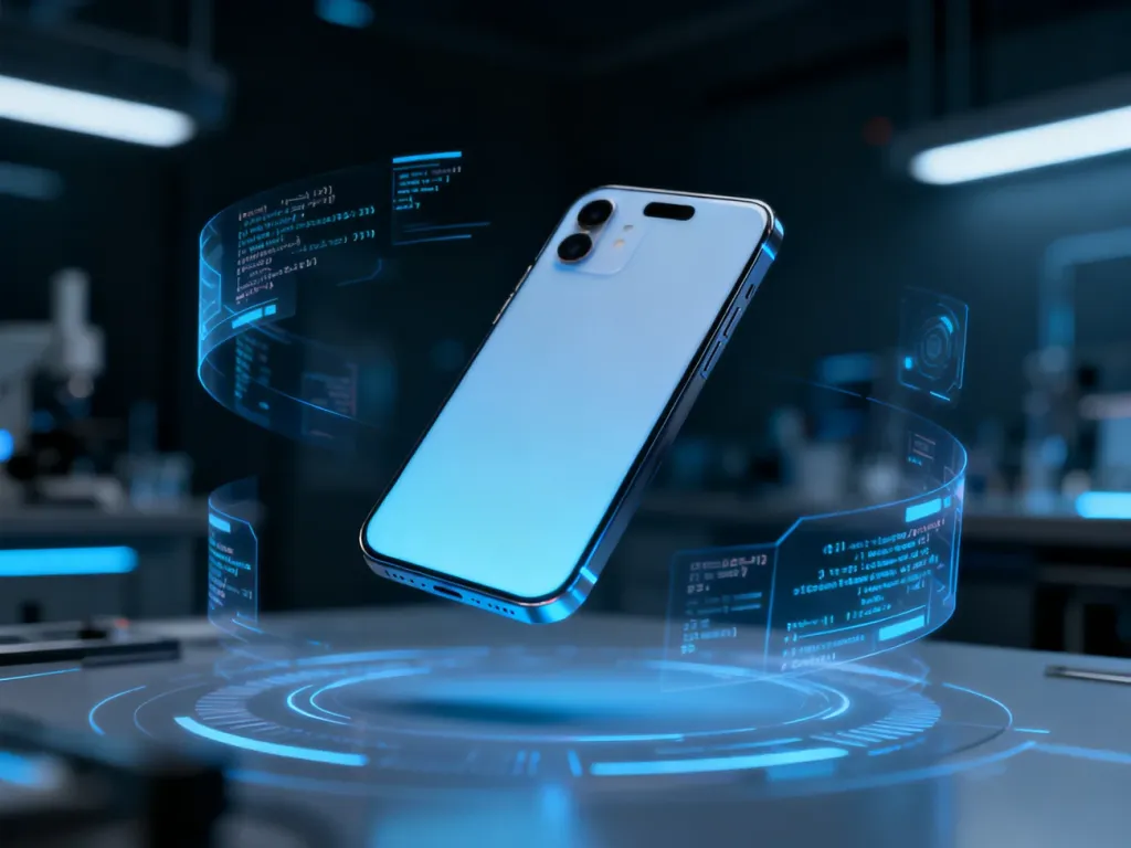 Futurystyczny smartfon unoszący się w powietrzu, otoczony cyfrowymi hologramami i kodem w nowoczesnym laboratorium.