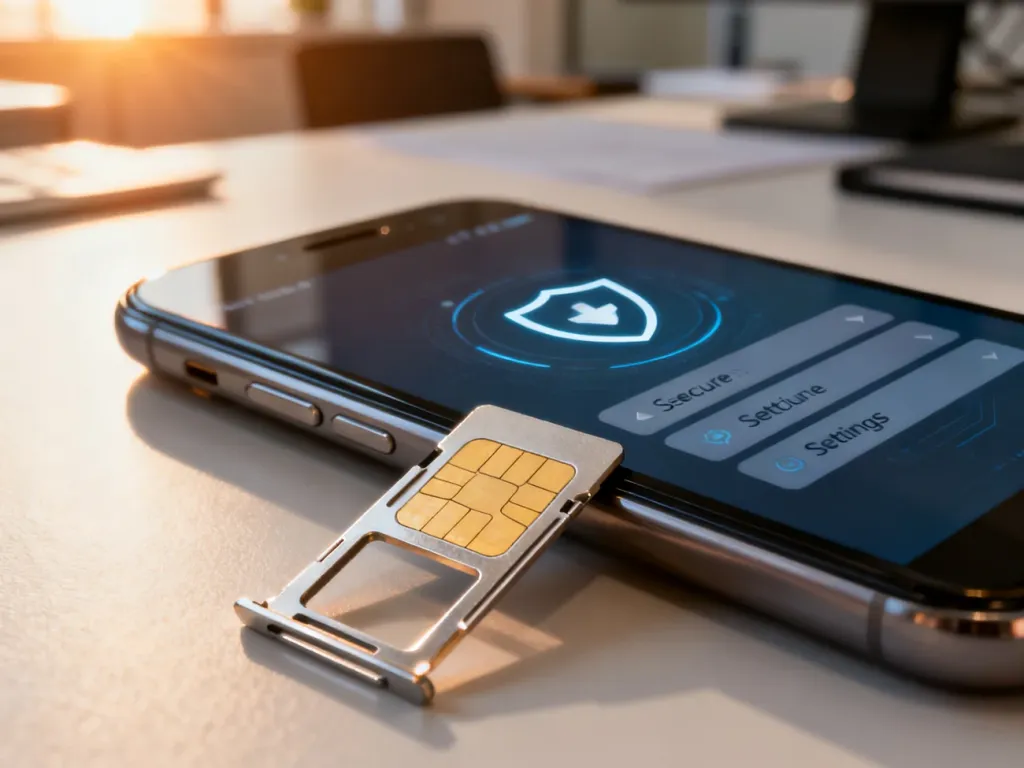 Nowoczesny smartfon z wysuniętą tacką SIM oraz ikoną tarczy w ustawieniach, symbolizującą bezpieczne połączenia FDN.