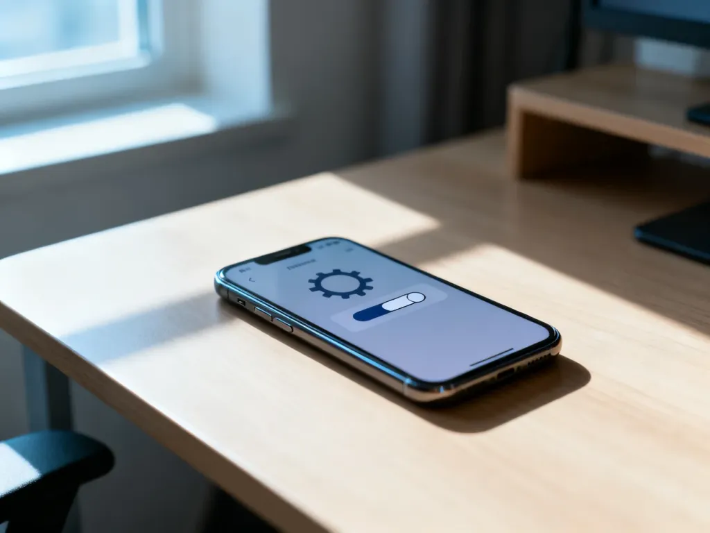 Nowoczesny smartfon na drewnianym biurku z otwartym menu ustawień, na którym wyłączany jest przełącznik funkcji.