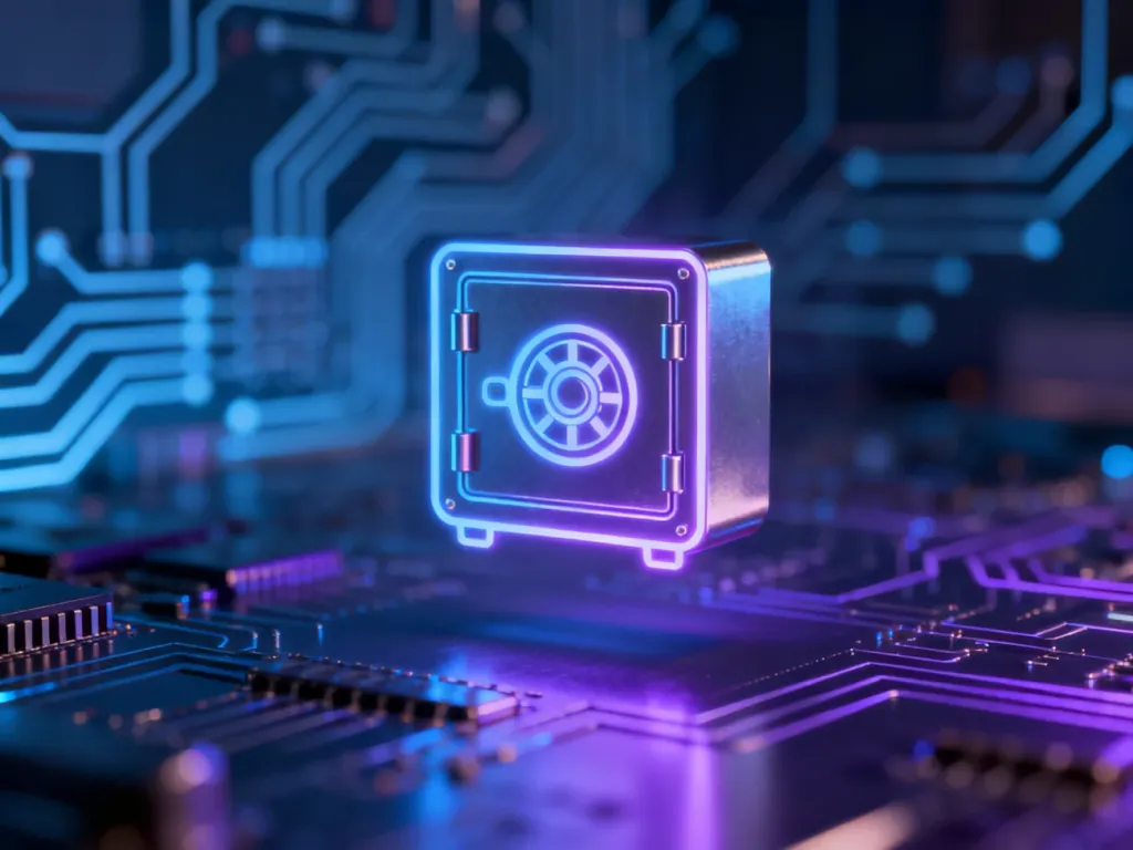 Ikona cyfrowego sejfu na tle nowoczesnego układu elektronicznego, symbolizująca bezpieczeństwo danych w aplikacji.