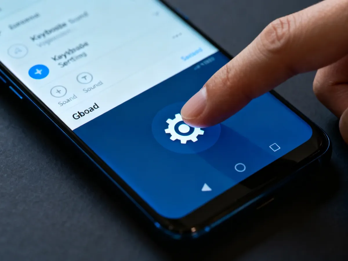 Smartfon z otwartymi ustawieniami klawiatury Gboard i ikoną koła zębatego