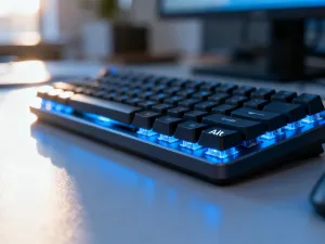 Dłoń trzymająca pilot do telewizora Samsung na tle menu ustawień wyświetlanego na ekranie.