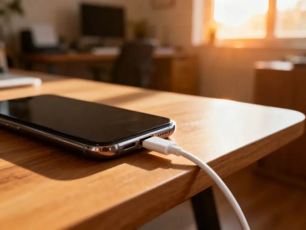 Nowoczesny smartfon podłączony do ładowarki na drewnianym biurku w przytulnym domowym biurze.