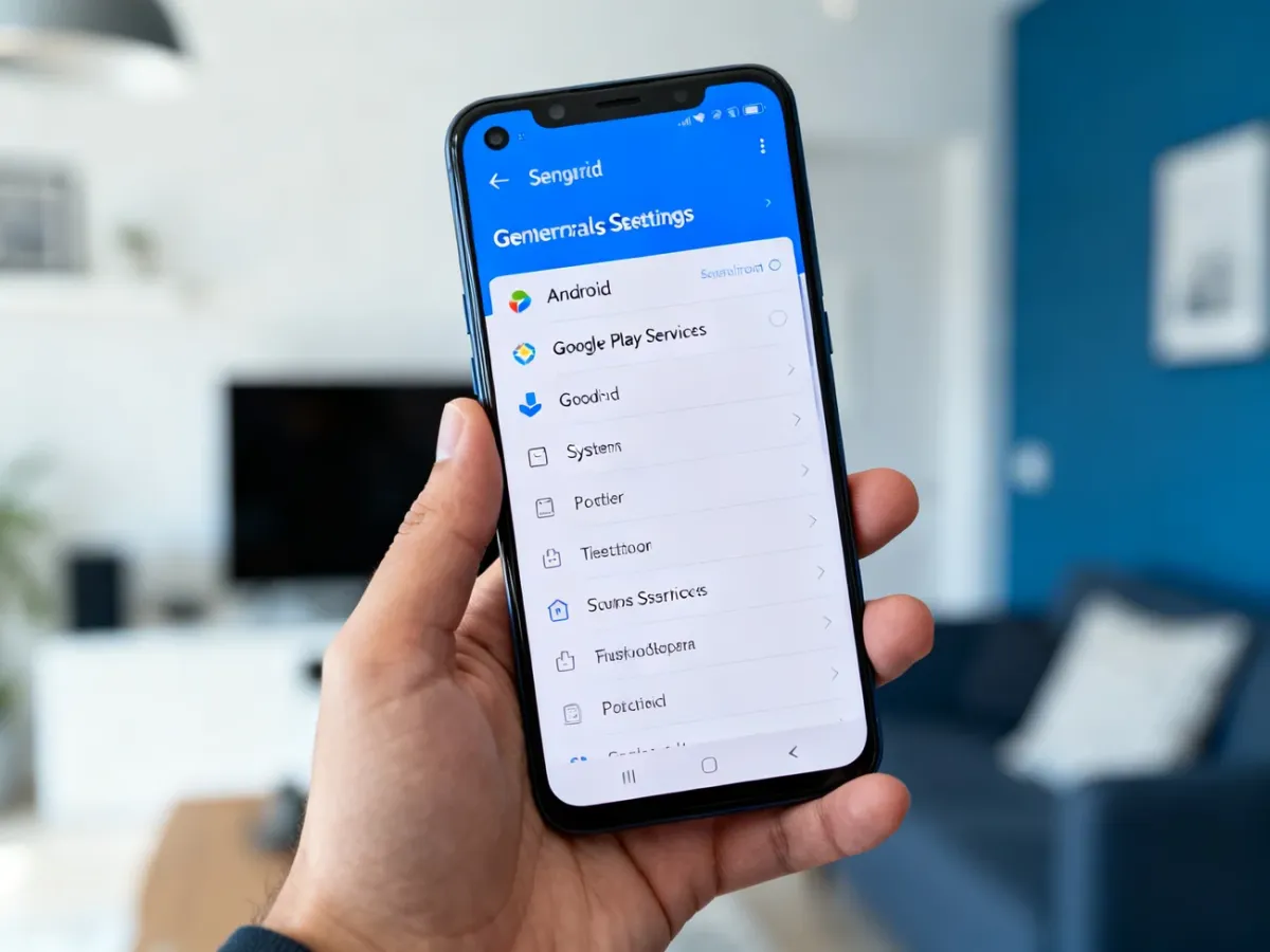 Smartfon z otwartymi ustawieniami aplikacji systemowych i włączanymi Usługami Google Play