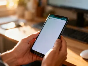 Smartfon Samsung trzymany w dłoni z widocznym, podświetlonym panelem bocznym na krawędzi ekranu.