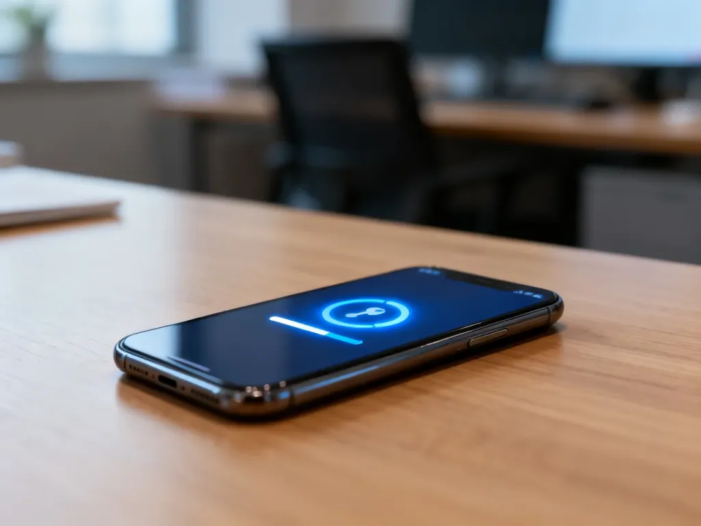 Nowoczesny smartfon na drewnianym biurku z ikoną aktualizacji systemu na ekranie, symbolizujący proces instalacji oprogramowania.