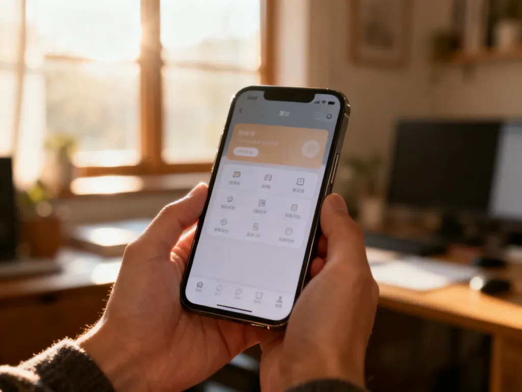 Dłonie trzymające nowoczesny smartfon z widocznym interfejsem na tle przytulnego domowego biura.