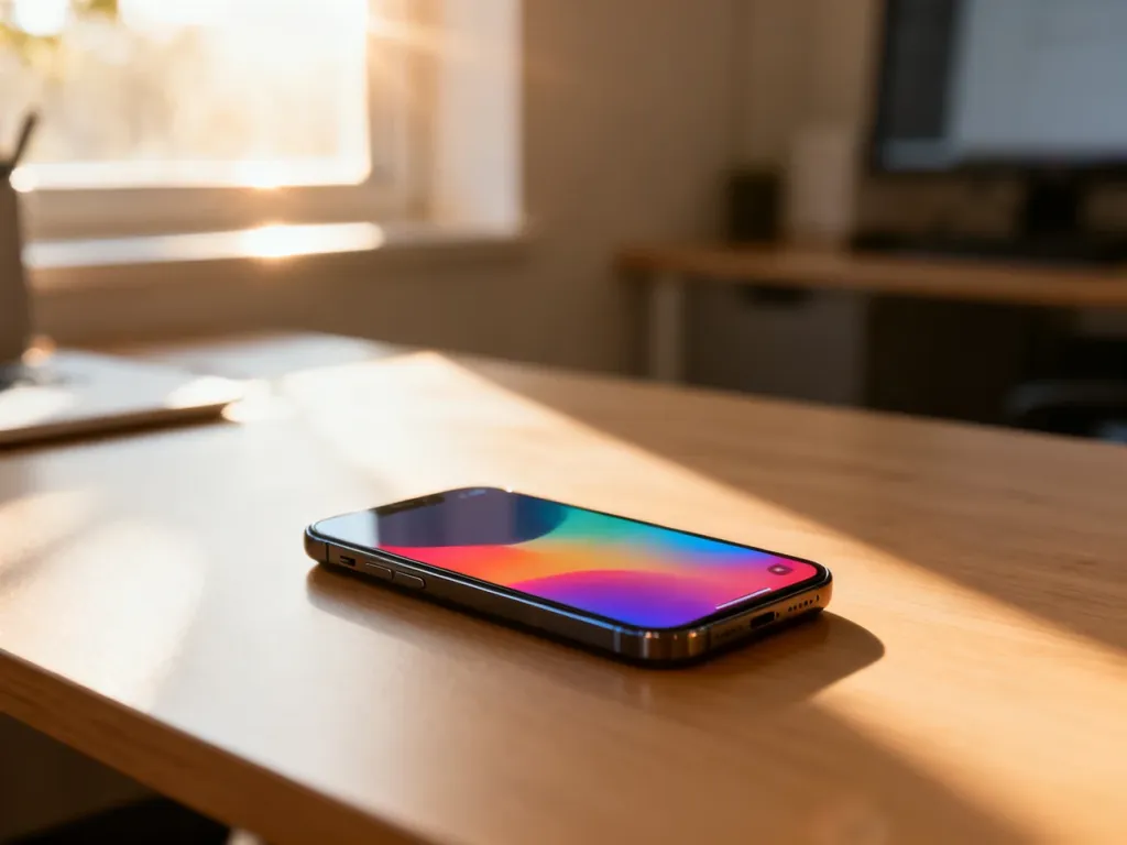 Nowoczesny smartfon z kolorową tapetą leżący na drewnianym biurku w przytulnym domowym biurze.