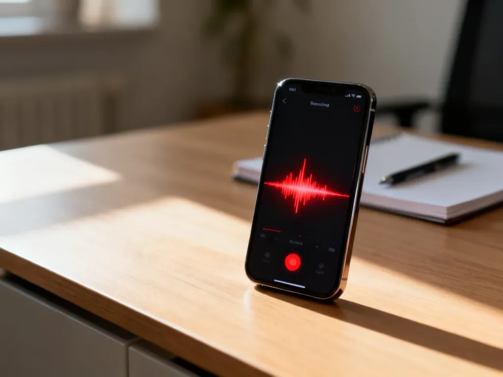 Smartfon z otwartą aplikacją do nagrywania dźwięku z widoczną czerwoną falą dźwiękową na ekranie.