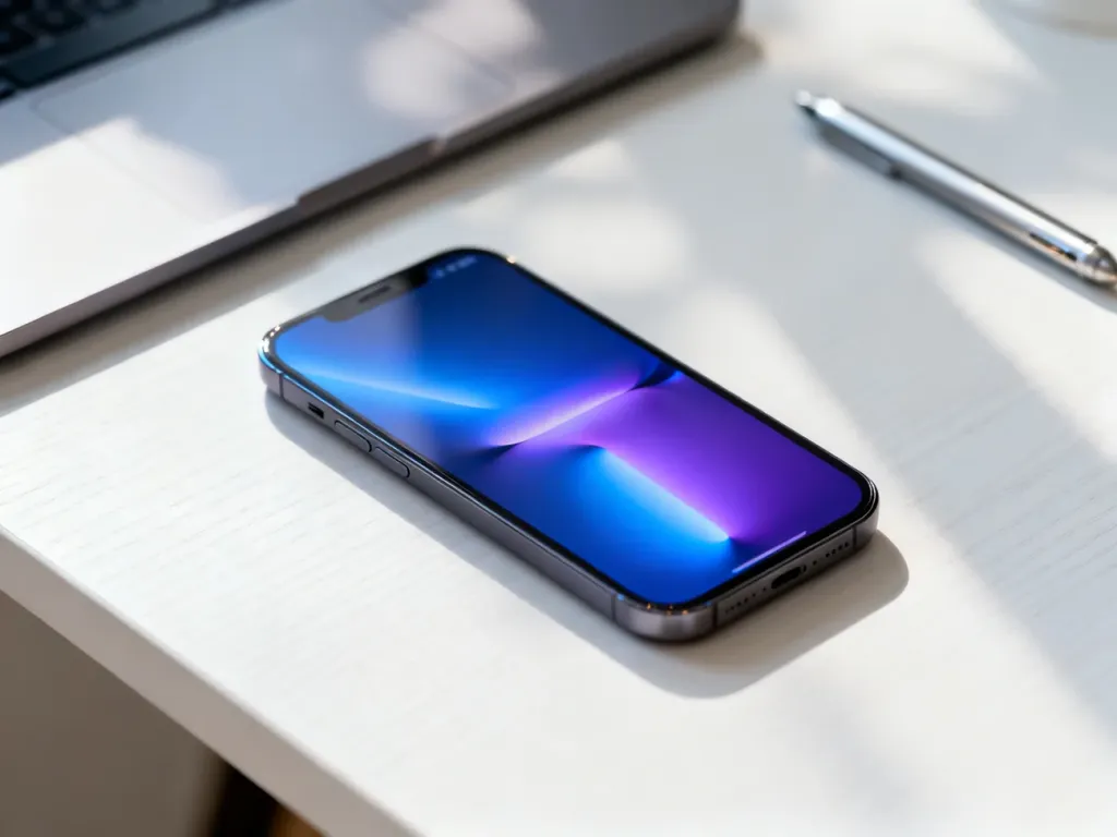 Nowoczesny smartfon z kolorowym interfejsem systemu Android na minimalistycznym biurku.