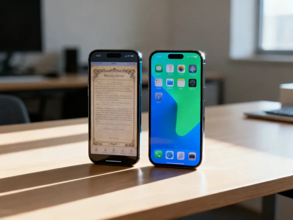 Dwa smartfony leżące obok siebie, prezentujące porównanie starszego i nowszego interfejsu systemu Android.