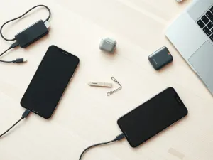 Nowoczesny smartfon na biurku z wyświetlonym abstrakcyjnym interfejsem symbolizującym aktualizację oprogramowania.