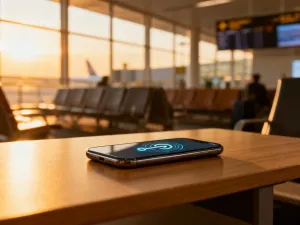 Nowoczesny smartfon na biurku z wyświetloną grafiką sieci neuronowej, symbolizującą działanie Apple Intelligence.