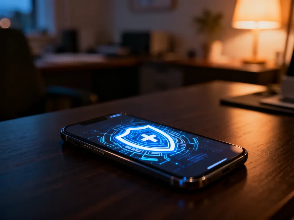 Nowoczesny smartfon z ikoną tarczy zabezpieczającej na ekranie, symbolizujący ochronę prywatności i bezpieczeństwo danych.