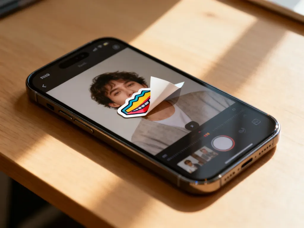 Smartfon z otwartym edytorem zdjęć, na którym palec usuwa cyfrową naklejkę z fotografii.