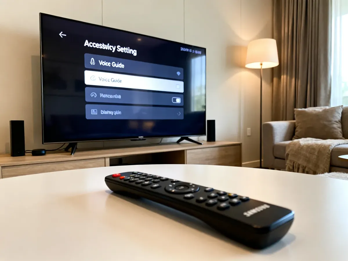 Telewizor Samsung i pilot podczas wyłączania przewodnika głosowego