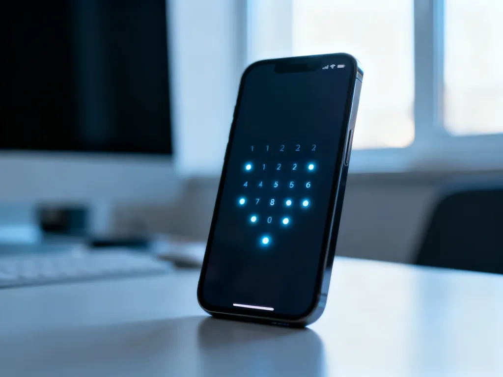 Ekran nowoczesnego smartfona z widocznym interfejsem blokady wzorem na tle minimalistycznego biura.