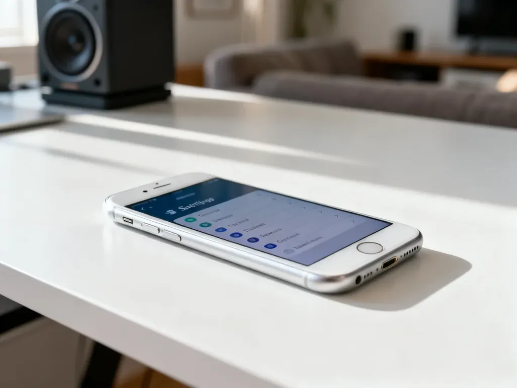 Srebrny smartfon z otwartym menu ustawień leżący na biurku, gotowy do konfiguracji funkcji AirPlay.