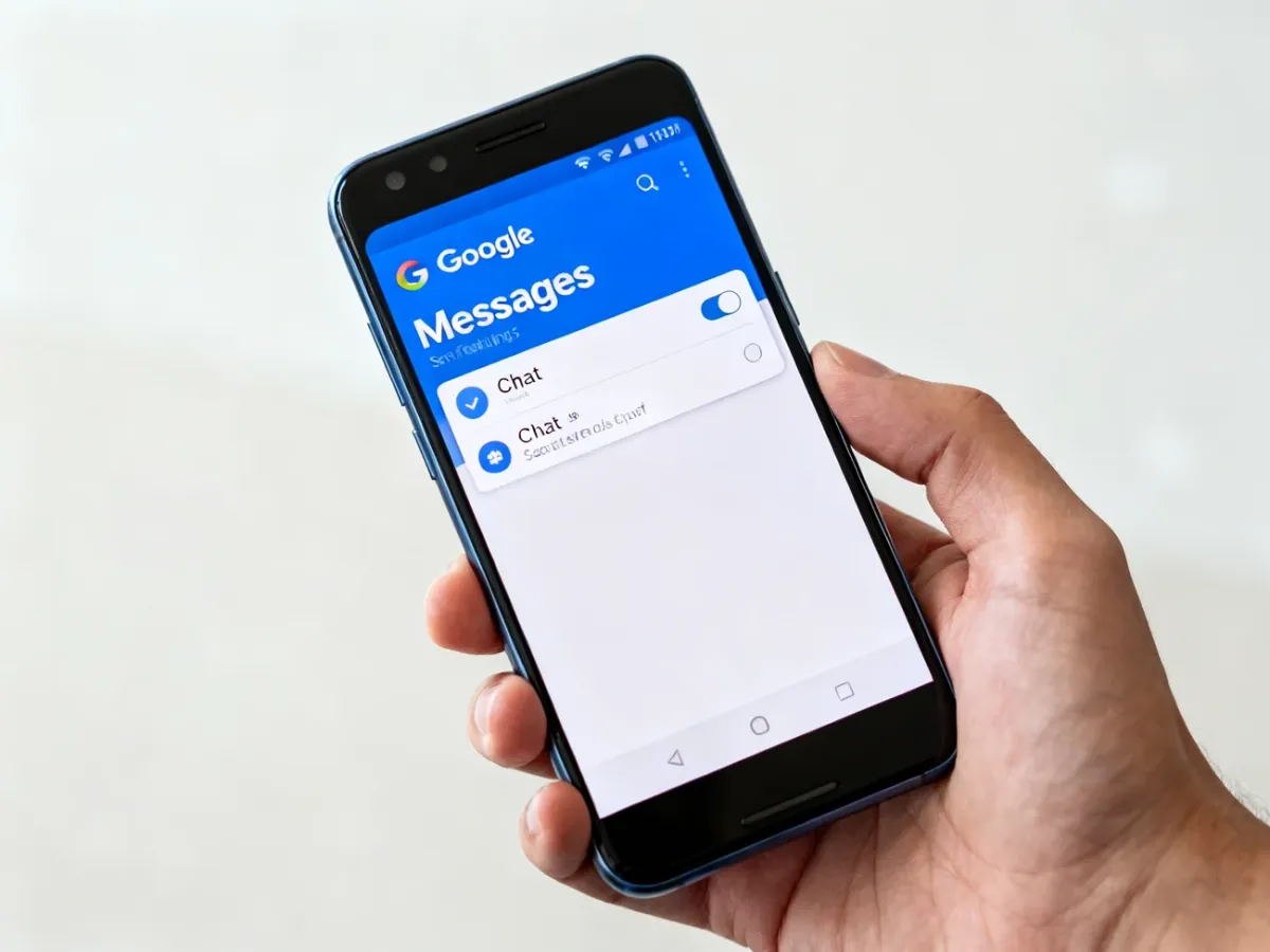Telefon z Androidem z wyłączonym przełącznikiem funkcji czatu RCS w ustawieniach wiadomości