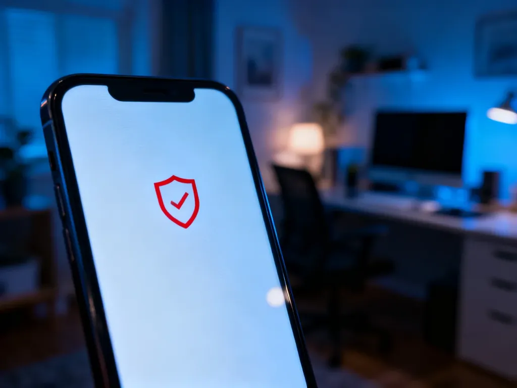 Ekran smartfona z ikoną tarczy symbolizującą zablokowany kontakt w domowym otoczeniu.