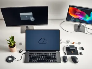 Nowoczesny smartfon z kolorową tapetą na marmurowym blacie, podkreślający elegancki i profesjonalny design systemu iOS.
