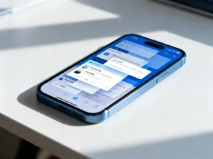 Smartfon w dłoniach z widocznym interfejsem nagrywania ekranu w domowym biurze.