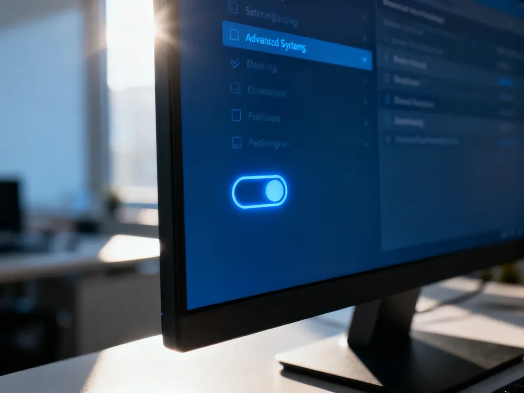 Podświetlony przełącznik w menu ustawień systemu Windows na ekranie monitora, symbolizujący proces konfiguracji funkcji.