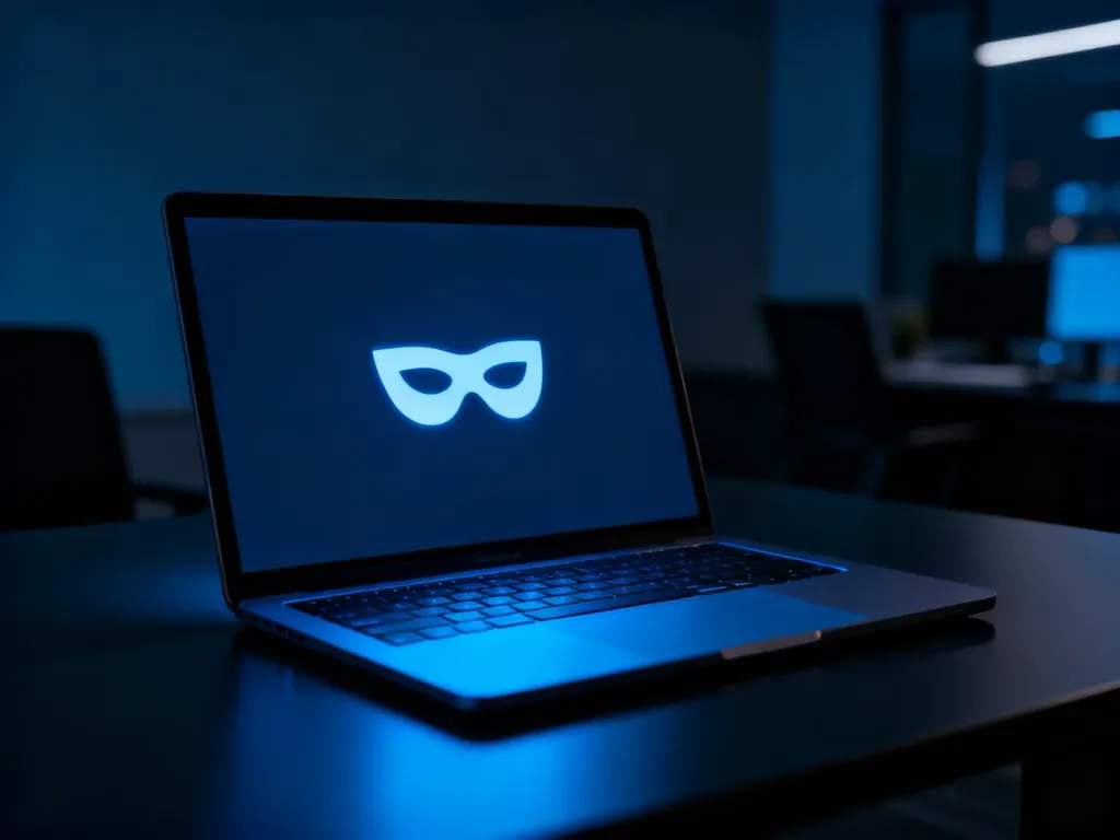Ekran laptopa w ciemnym pokoju z neonową ikoną trybu prywatnego, symbolizującą bezpieczne przeglądanie internetu.