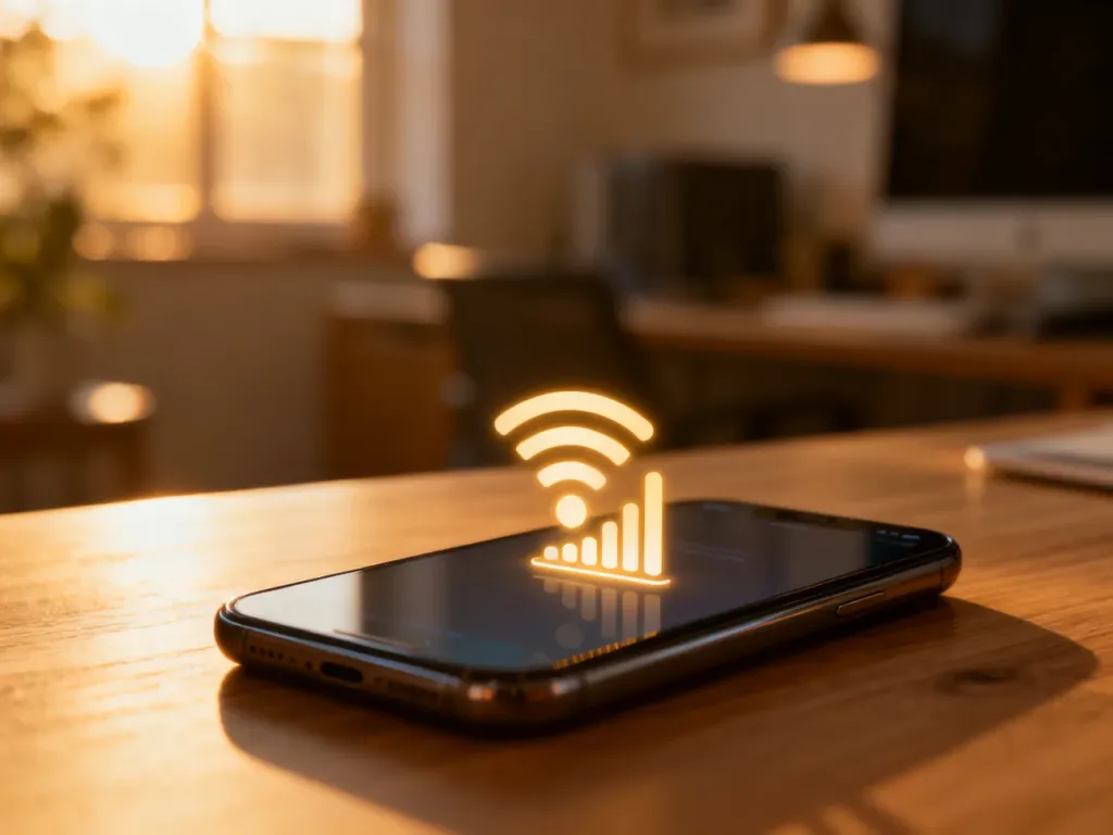 Ekran smartfona z ikoną Wi-Fi na drewnianym biurku, symbolizujący aktywację funkcji VoWiFi w domowym biurze.