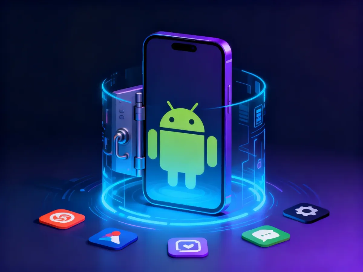 Smartfon z cyfrowym sejfem symbolizującym prywatną przestrzeń Androida 15