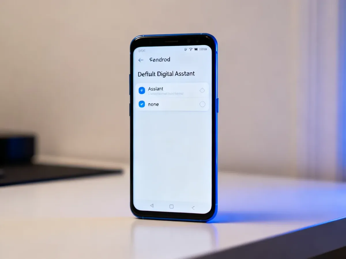Smartfon z Androidem na ekranie wyboru domyślnego asystenta ustawionego na brak