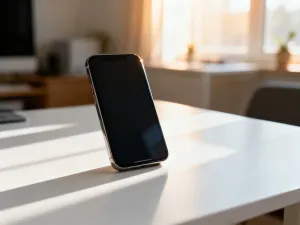 Nowoczesny smartfon z kolorowym interfejsem na ekranie, leżący na drewnianym biurku w ciepłym świetle.