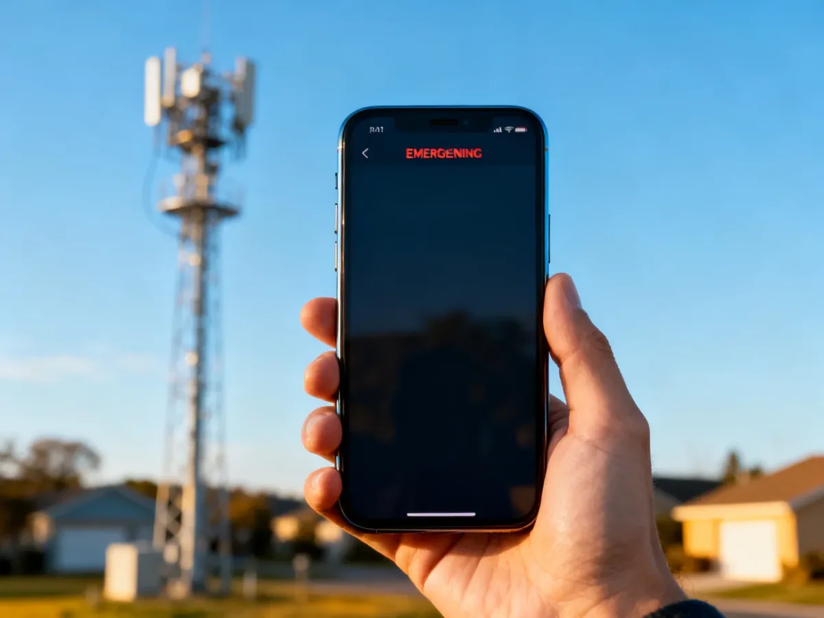 Smartfon odbierający alert bezpieczeństwa w pobliżu stacji bazowej
